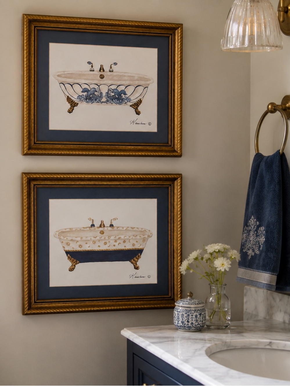 Vintage 90s Celestial Blue & White Bathtub Art Pair Gold Frames